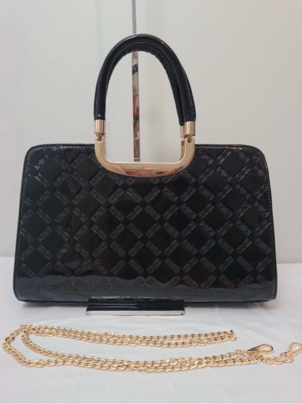 David Jones Paris Black Patent Faux Leather Satchel Crossbody Bag